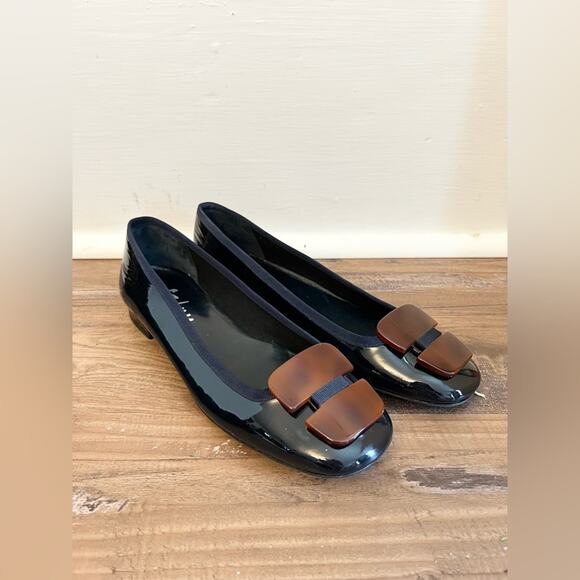 FS/NY 6.5 NWOB tickle ballet flat tortoise shell blue patent leather flats work - Picture 1 of 8